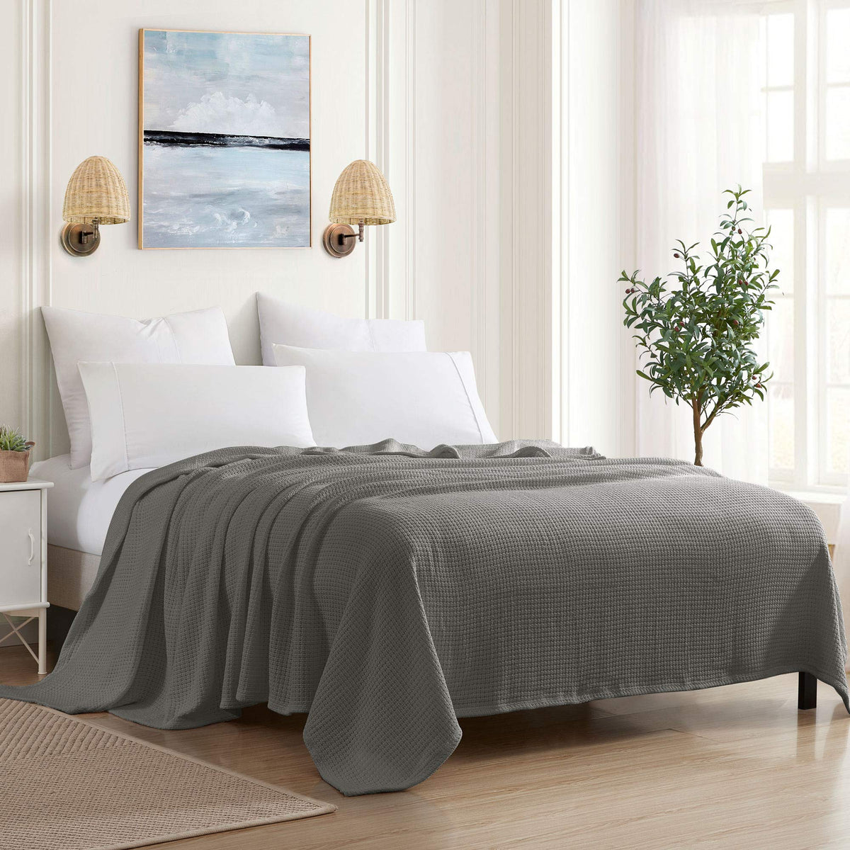 Sweet Home Collection 100% Fine Cotton Luxurious Basket Weave Blanket, Ivory Full/Queen(Pack of 1)