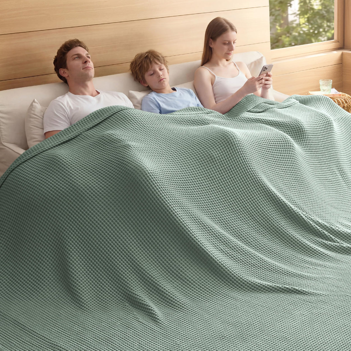 Bedsure Lightweight 100% Cotton Waffle Blanket, Throw XL, Linen