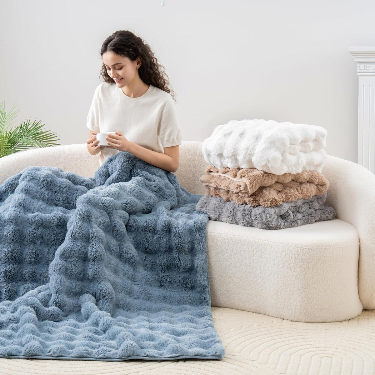 Berkshire Faux Fur & Velisse Reversible Blanket - Ultra Soft Plush Blanket for Couch and Bed, Luxury Fluffy Sofa Decor, 90" x 90", Polar Blue