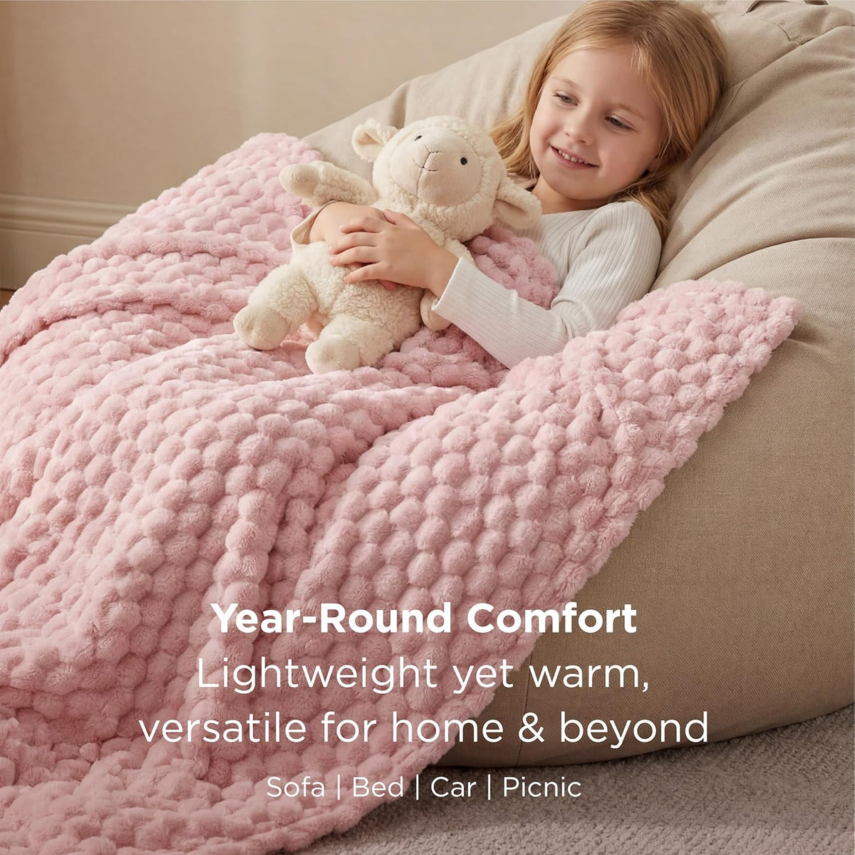 Bedsure Pink Throw Blanket for Couch - 350GSM Fluffy Plush Bubble Blanket for Bed Home Room Decor, GentleSoft Cute Fleece Soft Cozy Gifts for Women Girls, 50x60 Inches