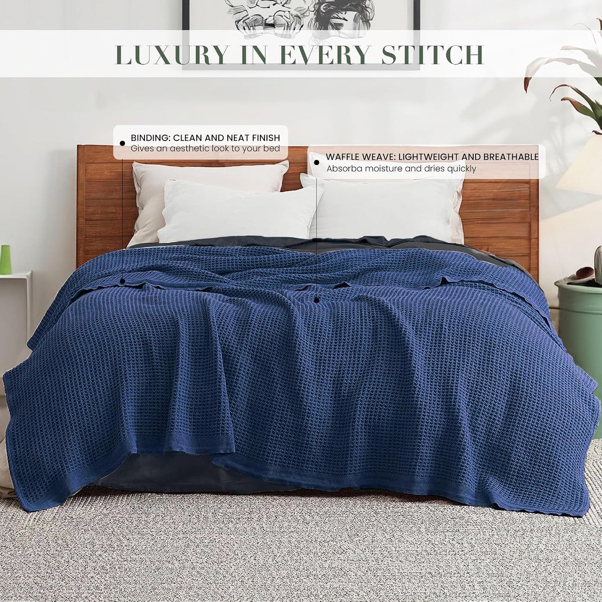 Salt Earth 106" x 92", King 100% Cotton Waffle Weave Blanket for Bed (Navy)