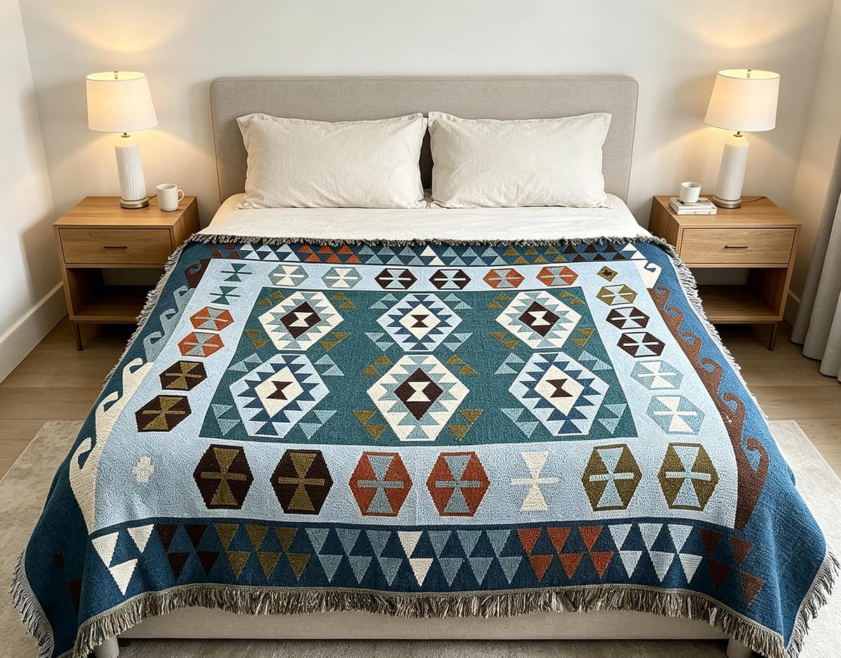 Luxlovery Aztec Sofa Throw Blankets Blue Ethnic Woven Boho Dusty Blue Color Bohemian Woven Throw Blanket for Couch Aztec Bed Throws Oversized Chair Sofa Cover with Tassels(63"x102")