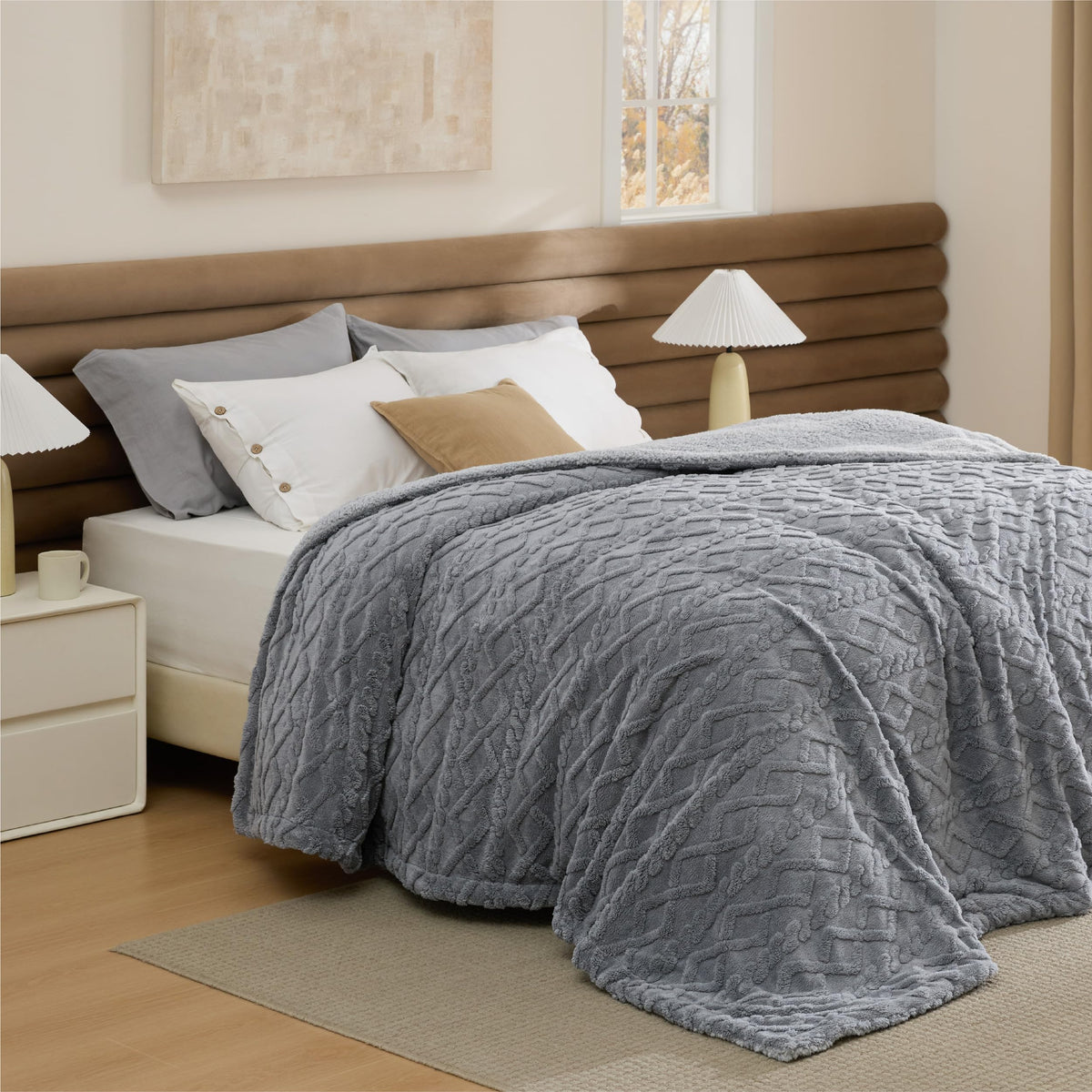 Bedsure Sherpa Fleece Blanket, Cable Jacquard Tufted, Warm, Throw, Grey
