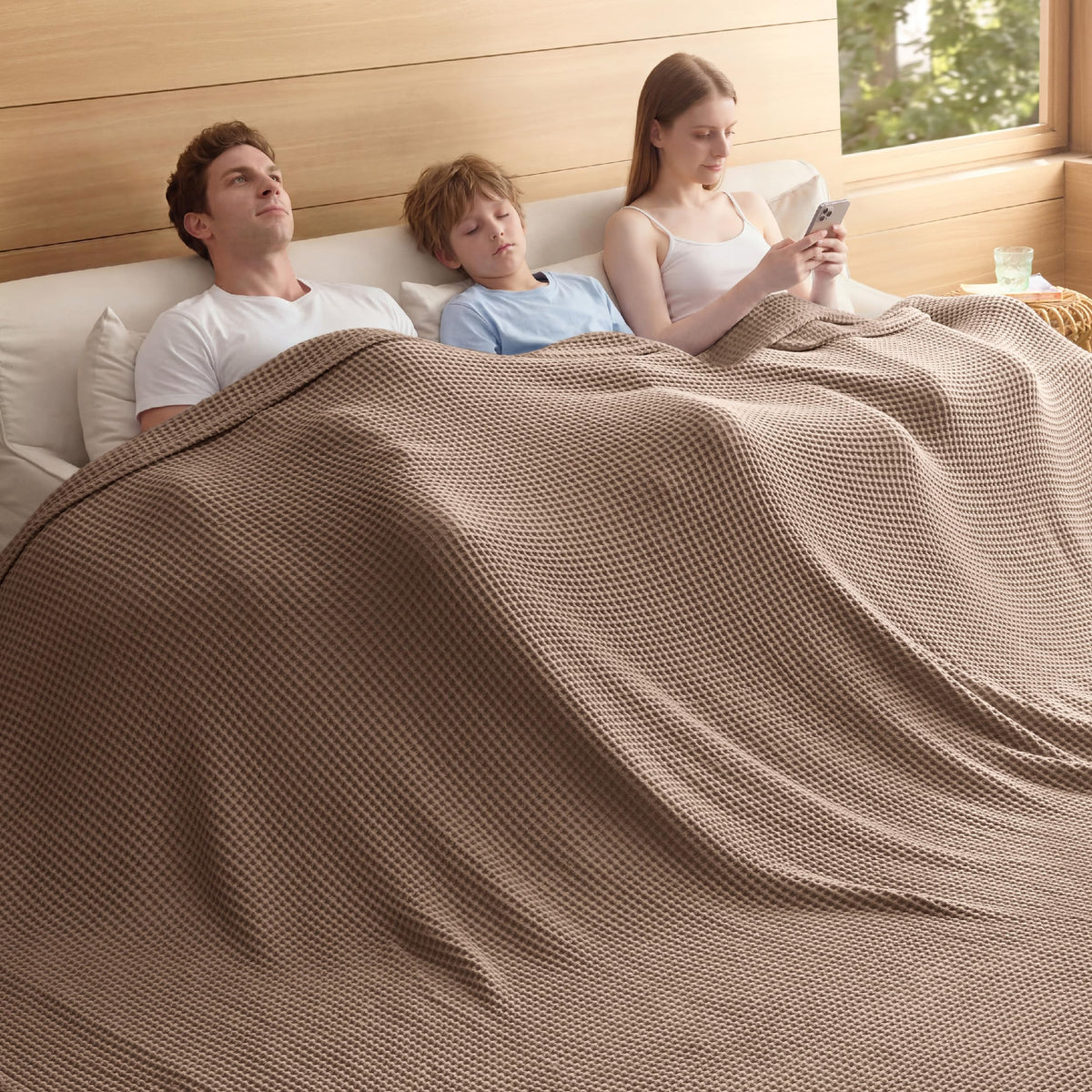 Bedsure Lightweight 100% Cotton Waffle Blanket, Throw XL, Linen