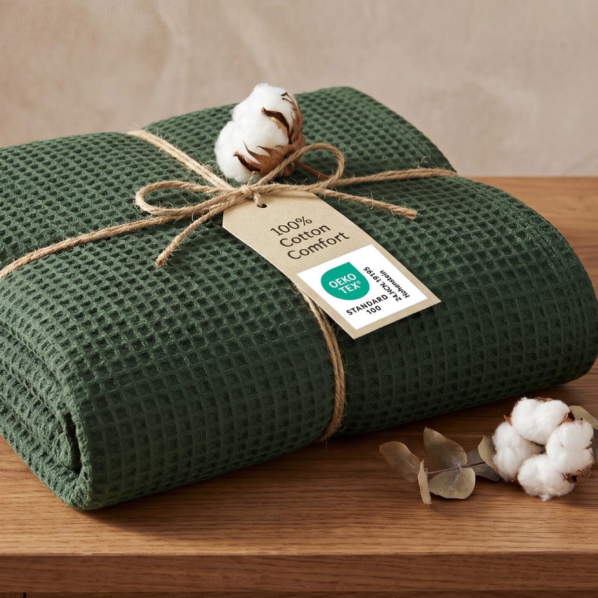 Bedsure GentleSoft 100% Cotton Blanket Queen Size for Summer - Breathable Lightweight and Soft, Basket Waffle Weave Woven Aesthetic Blankets for Women Gift, Home Decor, Olive Green, 90x90 inches