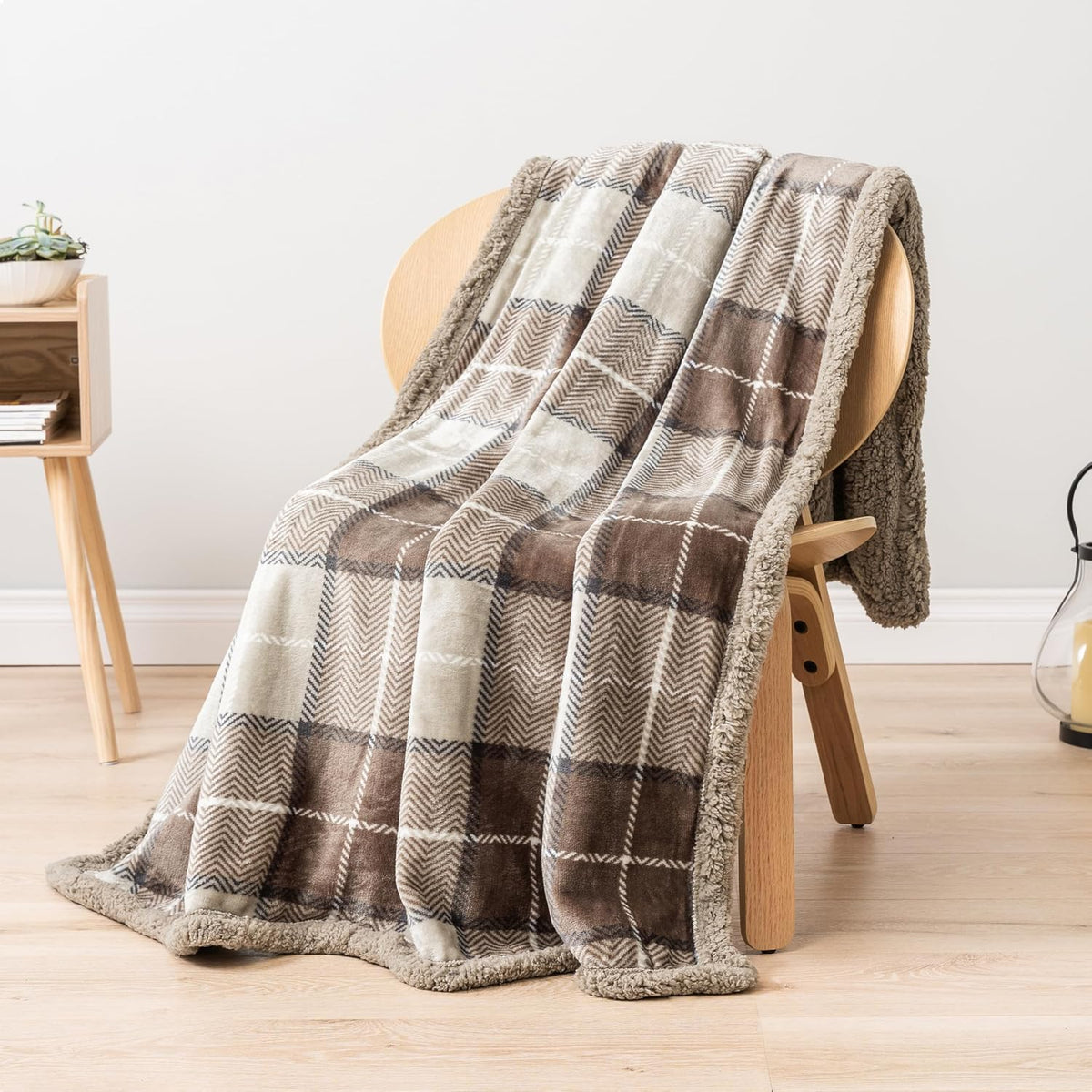 PAVILIA Twin Plaid Sherpa Throw Blanket for Couch Sofa Bed, Taupe, 60x80