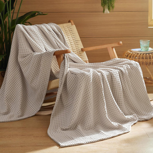 Bedsure Lightweight 100% Cotton Waffle Blanket, Throw XL, Linen