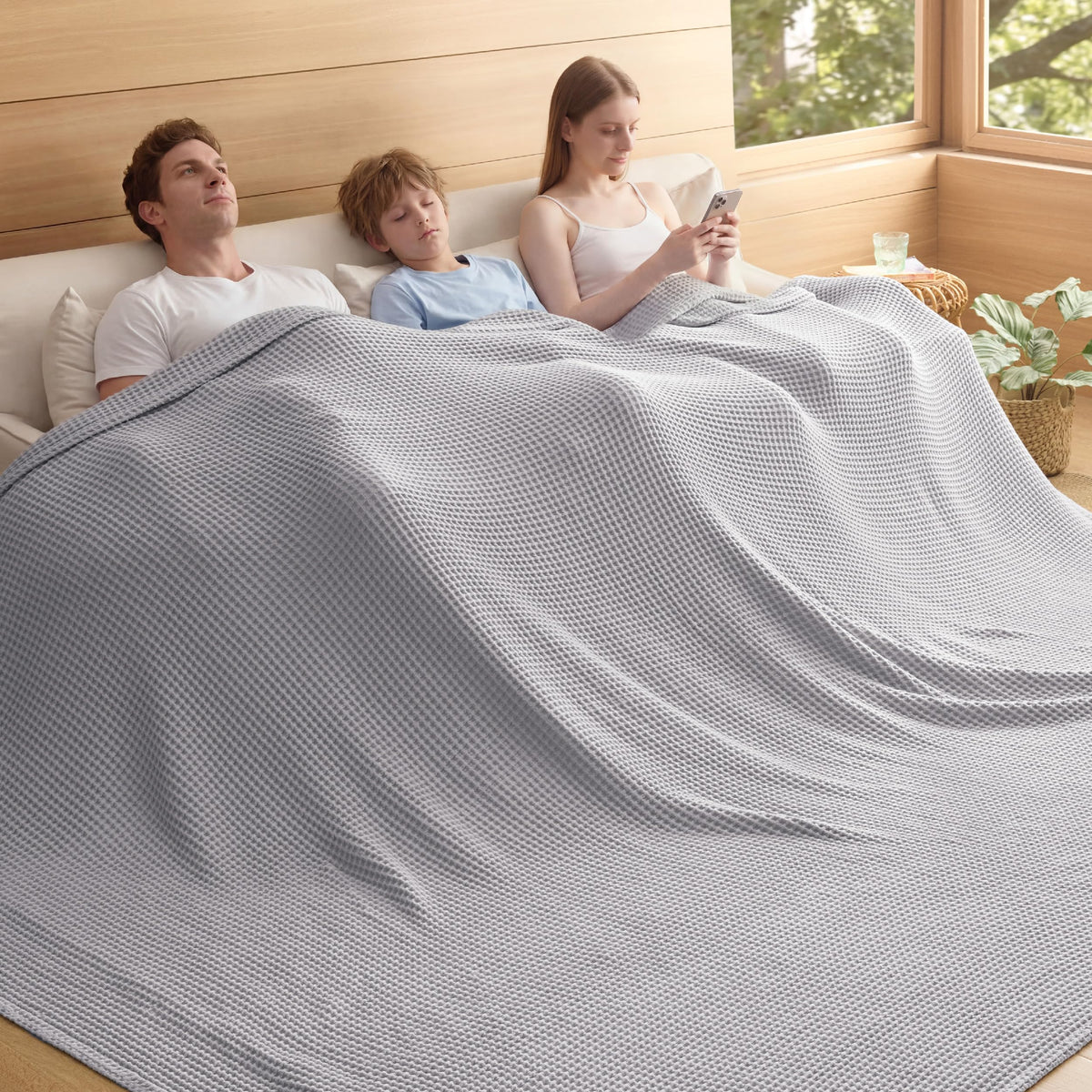 Bedsure Lightweight 100% Cotton Waffle Blanket, Throw XL, Linen