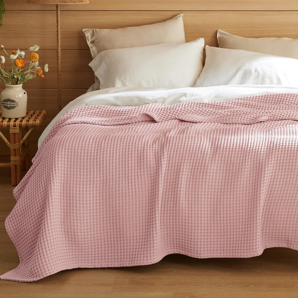 Bedsure Lightweight 100% Cotton Waffle Blanket, Throw XL, Linen