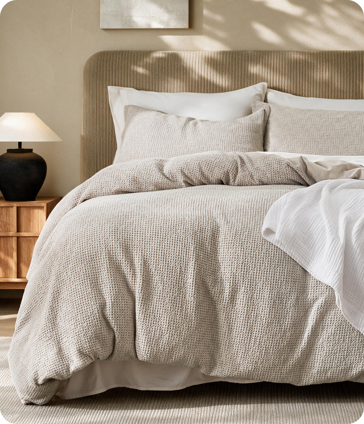 Bedsure PureWoven 3 Pieces 100% Cotton Waffle Duvet Cover Set, Queen, Linen