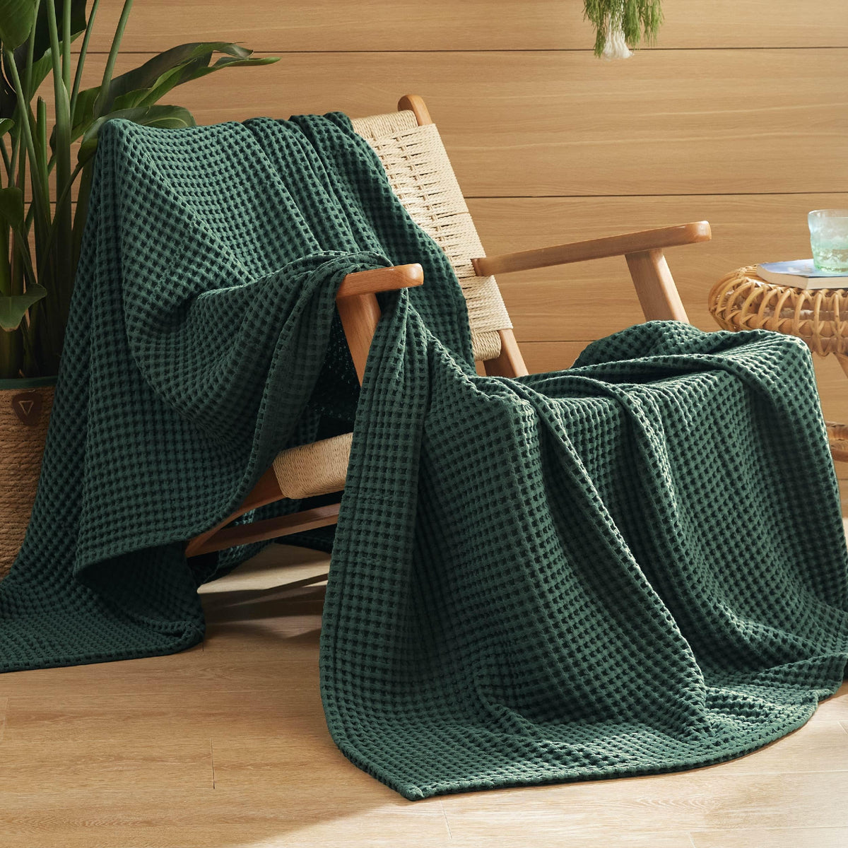 Bedsure Lightweight 100% Cotton Waffle Blanket, Throw XL, Linen