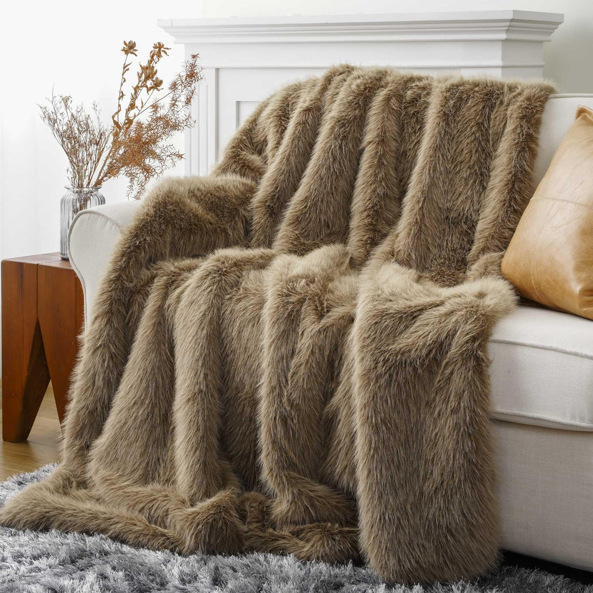 BATTILO HOME Faux Fur Throw Blanket, Luxury Fluffy Brown Blankets, 50"x60"