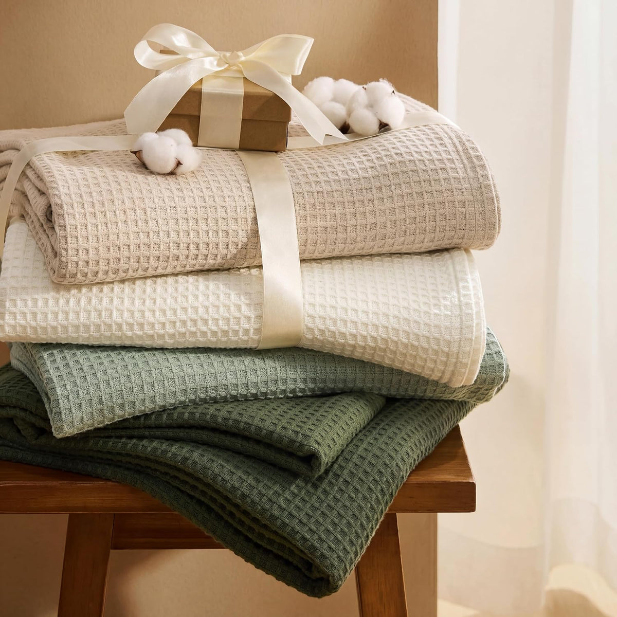 Bedsure GentleSoft 100% Cotton Blanket Queen Size for Summer - Breathable Lightweight and Soft, Basket Waffle Weave Woven Aesthetic Blankets for Women Gift, Home Decor, Olive Green, 90x90 inches