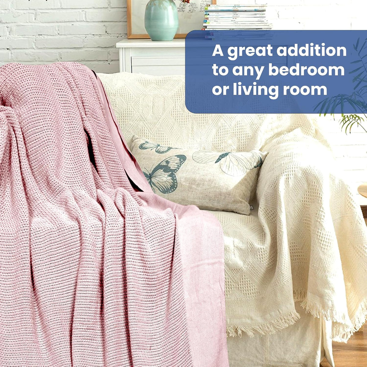 Linteum 100% Cotton Open-Cell Leno Weave Blanket — Breathable All Season — Queen 90x90 — Rose