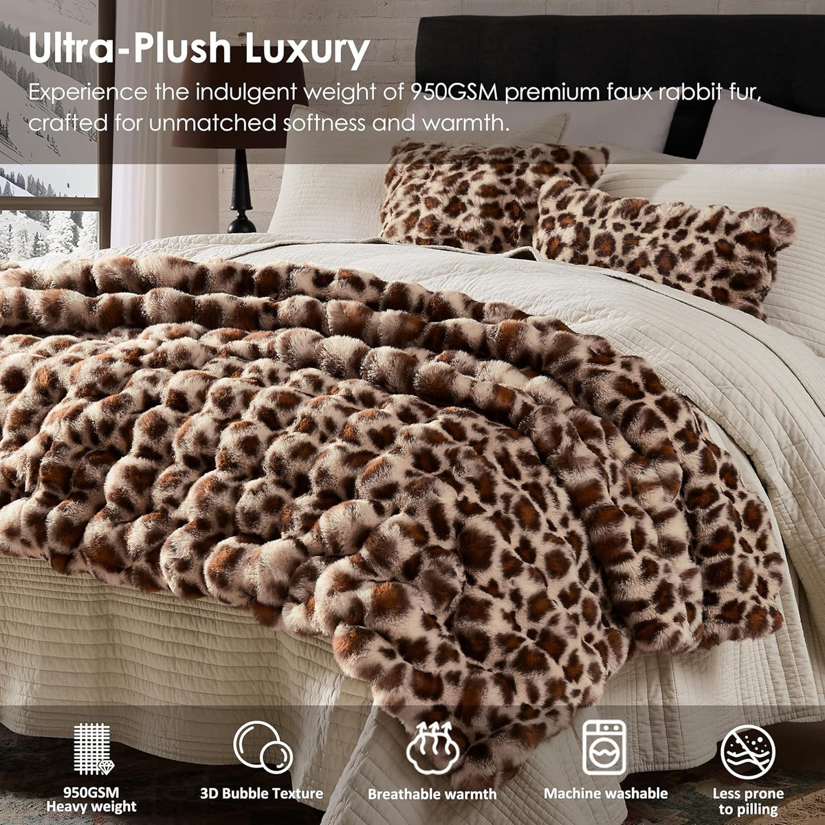 WDCOZY Cheetah Leopard Print Bubble Throw Blanket, Luxury Faux Rabbit Fur Mink Plush Throw for Couch, Sofa and Bed, Soft Fluffy Fuzzy Cozy Blanket for Women, 50x60 inches, Chocolate Brown, 950 GSM
