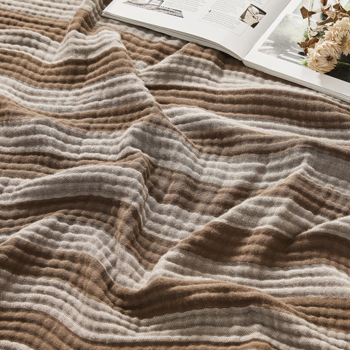 EMME Muslin Cotton Blanket Striped for Adults Couch Brown Throw XL 50"x 70"