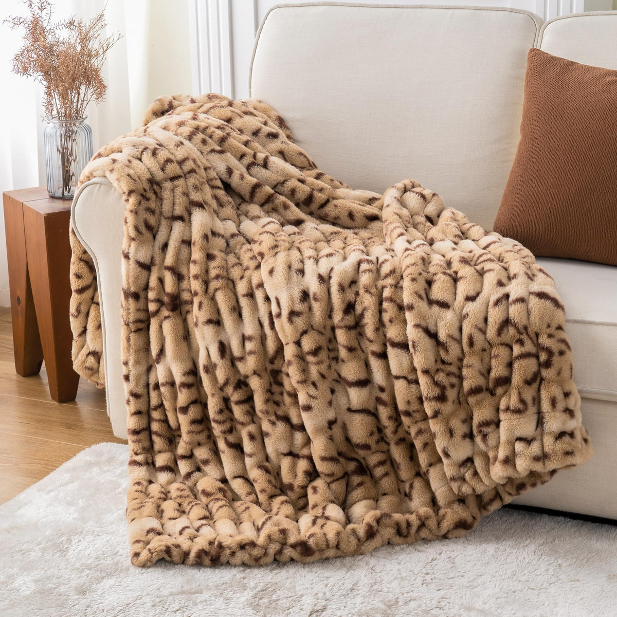 BATTILO Soft Ivory Faux Fur Throw Blanket for Couch, 50"x60", Double Side