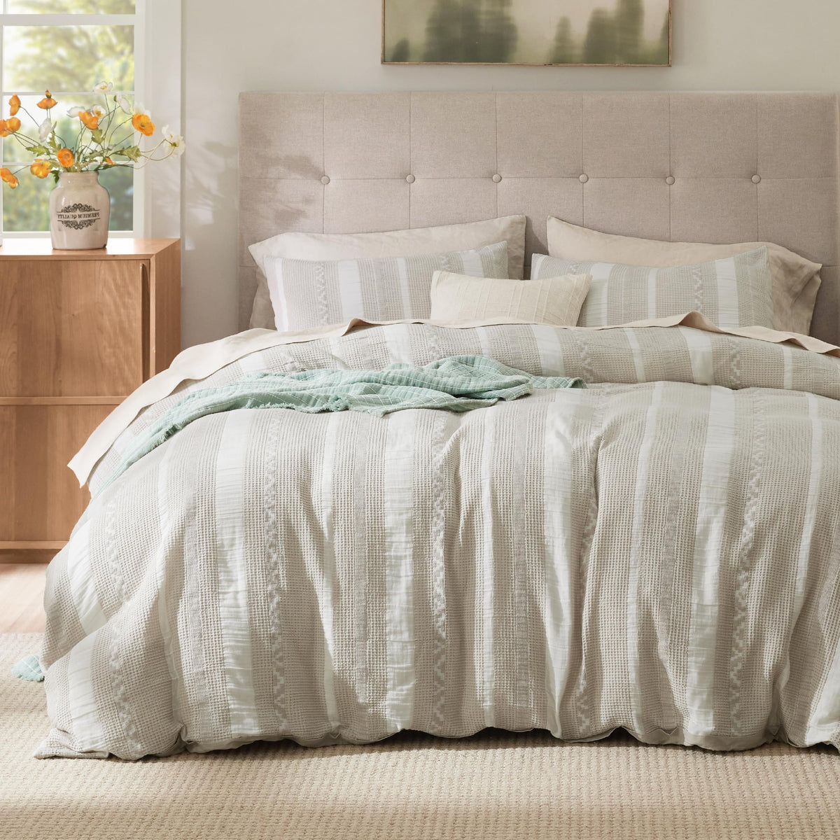 Bedsure PureWoven 3 Pieces 100% Cotton Waffle Duvet Cover Set, Queen, Linen