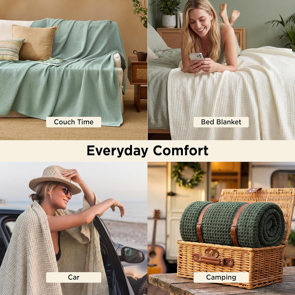 Bedsure GentleSoft 100% Cotton Blanket Queen Size for Summer - Breathable Lightweight and Soft, Basket Waffle Weave Woven Aesthetic Blankets for Women Gift, Home Decor, Olive Green, 90x90 inches