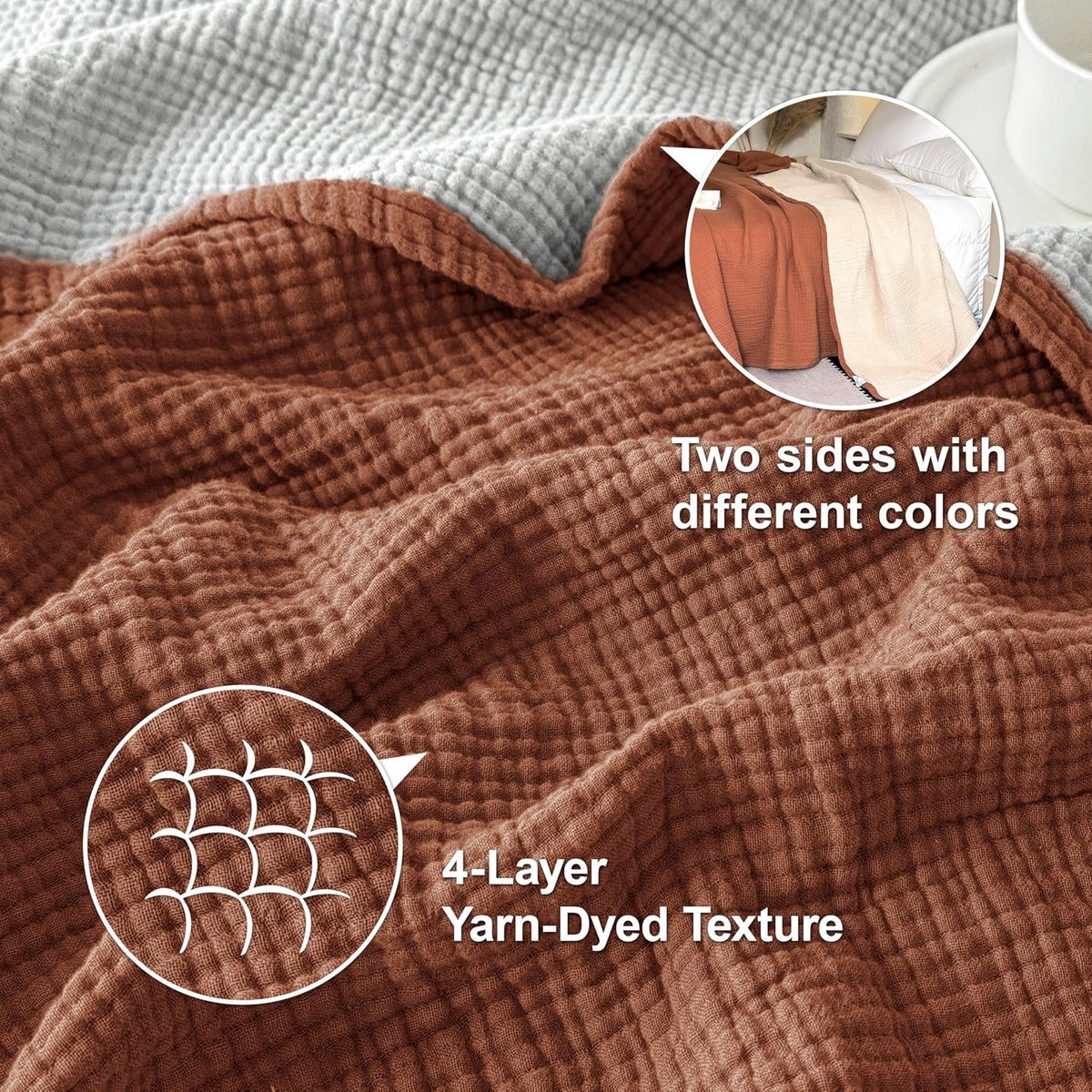 Simple&Opulence 100% Cotton Muslin Blanket, Lightweight Breathable 4 Layering Soft Cotton Throw Blanket,Gauze Blanket for Bed Couch Camping All-Season Use (Rust Orange, 50"x60")