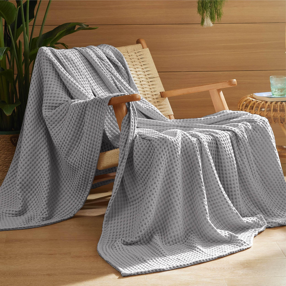 Bedsure Lightweight 100% Cotton Waffle Blanket, Throw XL, Linen
