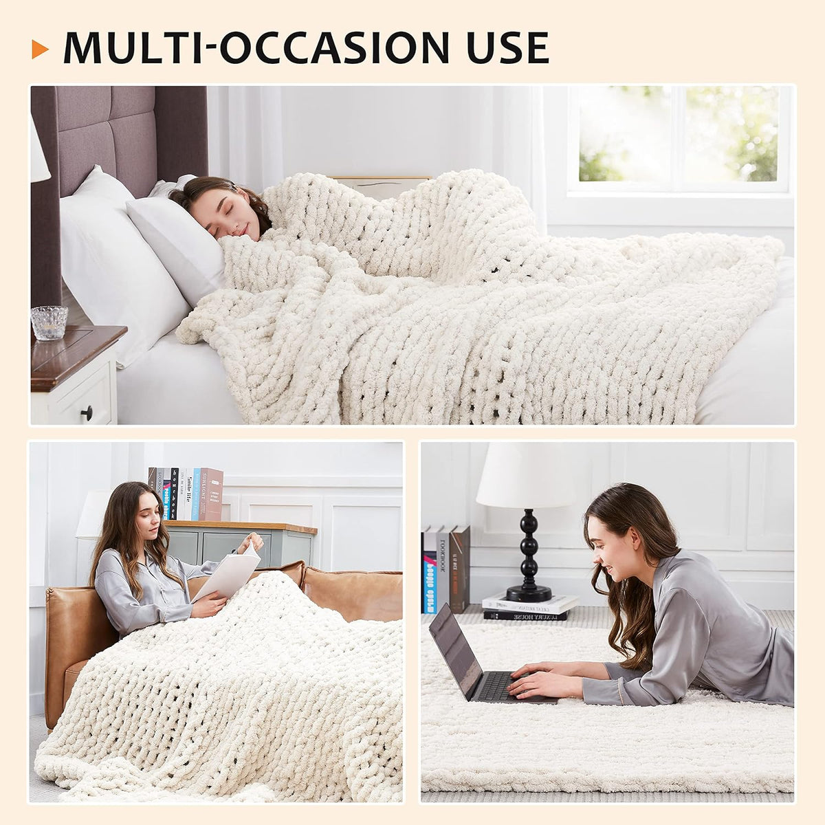 L'AGRATY Chunky Knit Throw Blanket for Couch, 50'' x 60'' Knit Throw, Ivory