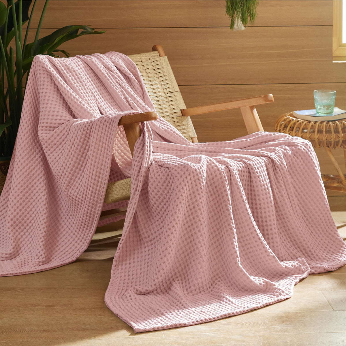 Bedsure Lightweight 100% Cotton Waffle Blanket, Throw XL, Linen