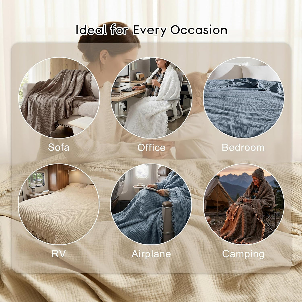 WDCOZY 100% Cotton Muslin Blanket King Size 4-Layer for Bed Breathable Lightweight Soft Large Boho Farmhouse Linen Tassels Ruffle Gauze Blankets All Season for Adults 108x90 Inches White