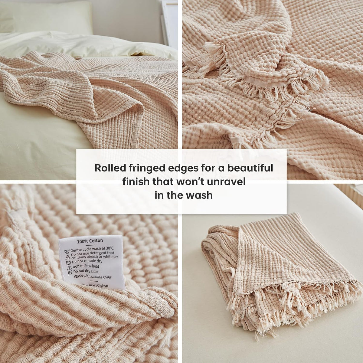 Simple&Opulence Cotton Muslin Throw Blanket 4 Layers for Bed, Couch, Woven Gauze Blanket with Tassels, Soft Lightweight Cozy Pre-Washed Breathable Farmhouse Decoration for All-Season(Light Khaki)