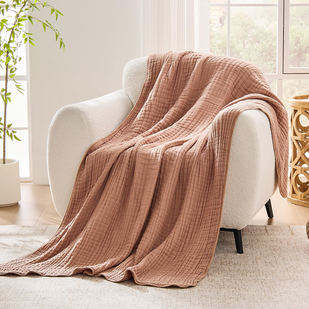 VANJOROY Muslin Throw Blanket for Adults, 100% Cotton 9-Layer 50x70, Beige