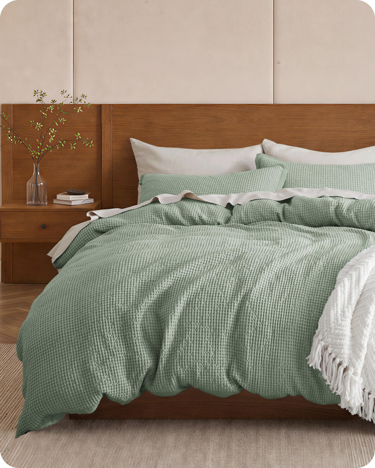 Bedsure PureWoven 3 Pieces 100% Cotton Waffle Duvet Cover Set, Queen, Linen