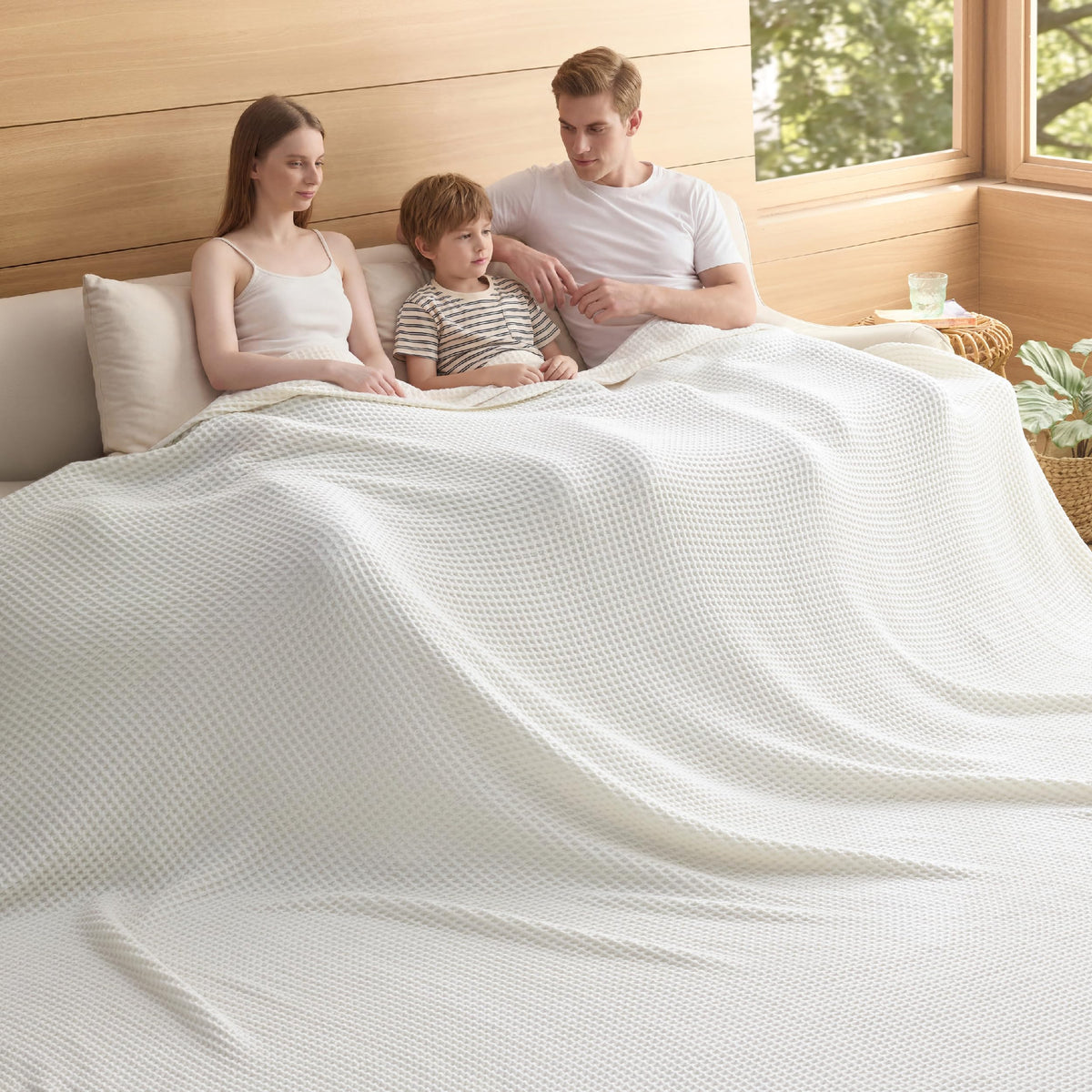 Bedsure Lightweight 100% Cotton Waffle Blanket, Throw XL, Linen
