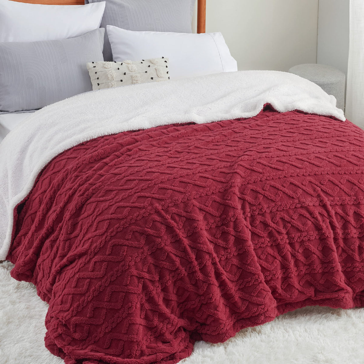 Bedsure Sherpa Fleece Blanket, Cable Jacquard Tufted, Warm, Throw, Grey