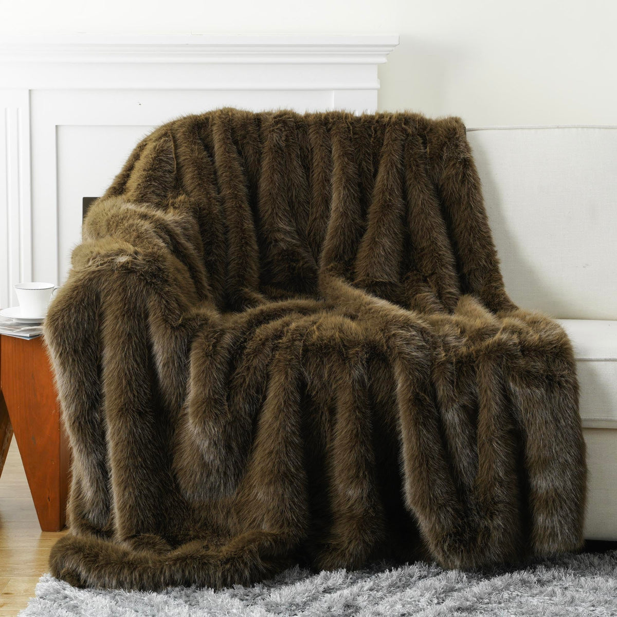 BATTILO HOME Faux Fur Throw Blanket, Luxury Fluffy Brown Blankets, 50"x60"