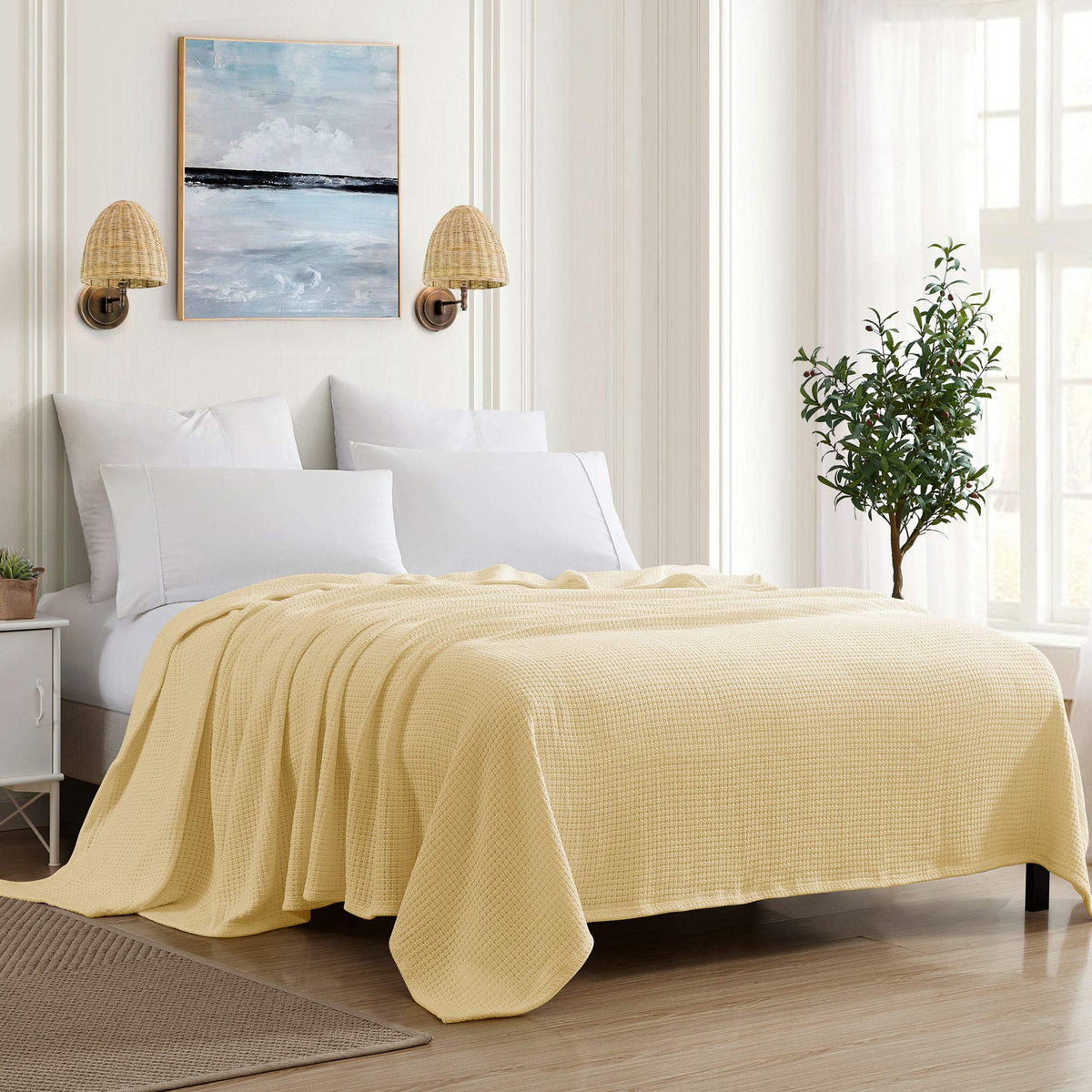 Sweet Home Collection 100% Fine Cotton Luxurious Basket Weave Blanket, Ivory Full/Queen(Pack of 1)