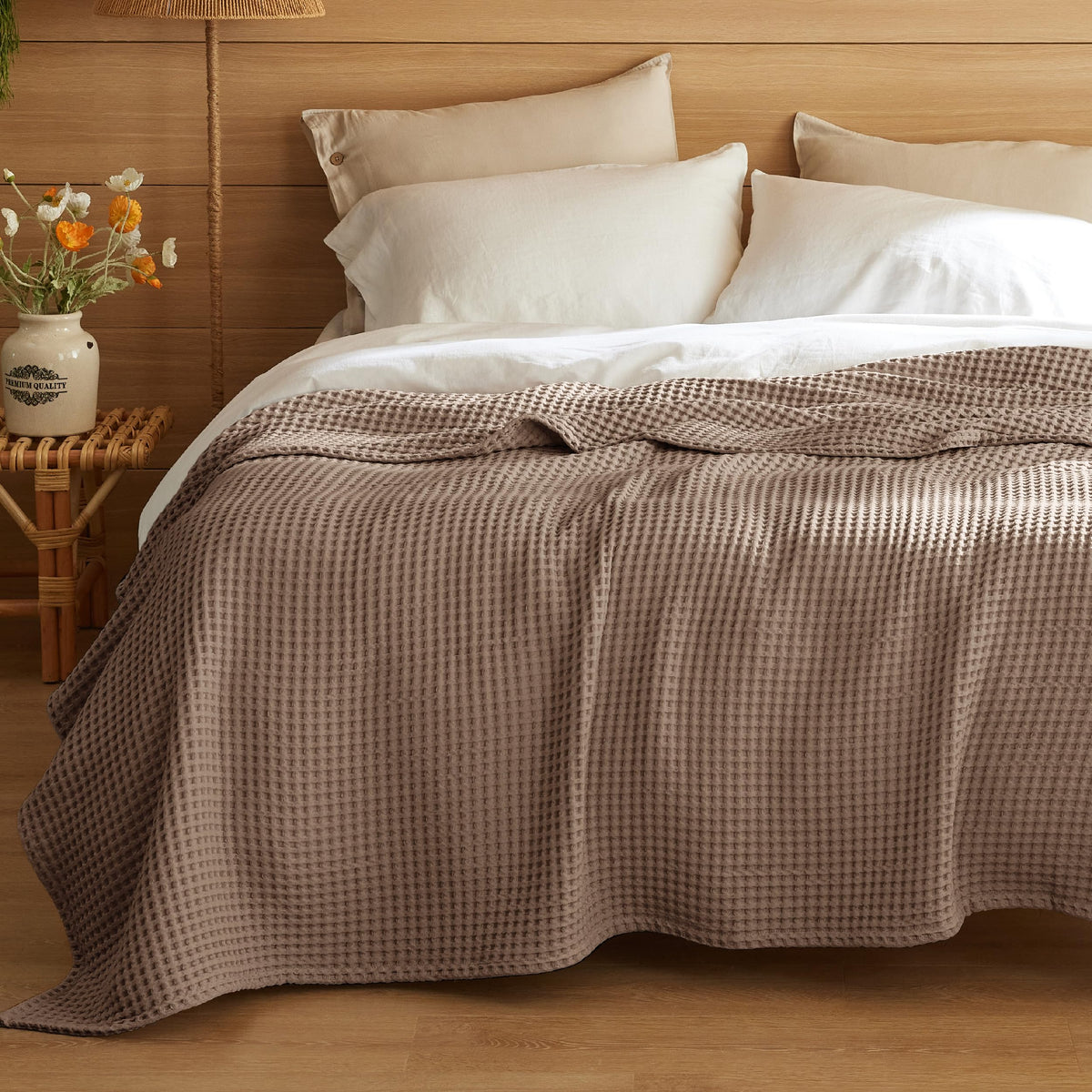 Bedsure Lightweight 100% Cotton Waffle Blanket, Throw XL, Linen