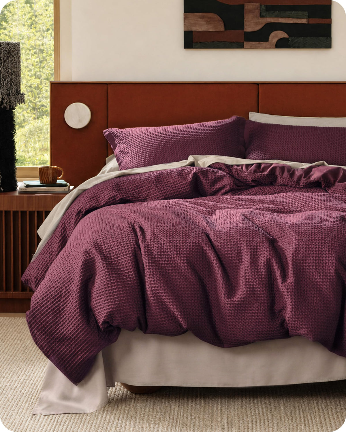 Bedsure PureWoven 3 Pieces 100% Cotton Waffle Duvet Cover Set, Queen, Linen