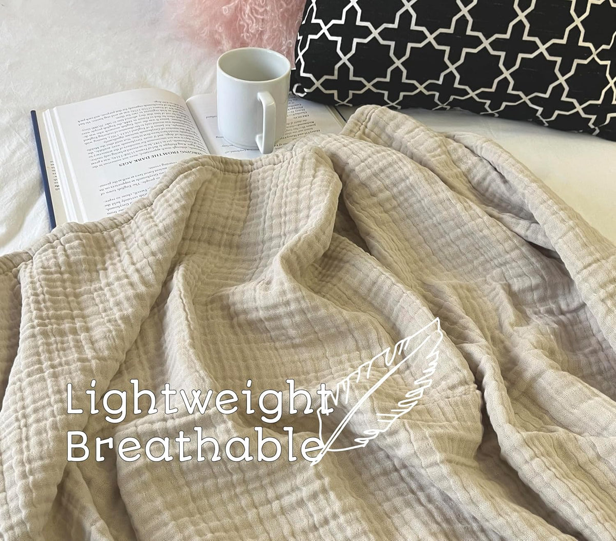 KyraHome 100% Organic Cotton Muslin Throw Blanket, 50"x60", Oatmeal Khaki