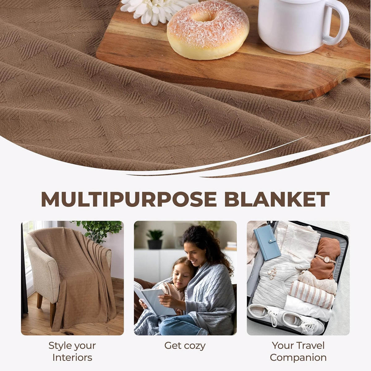 SUPERIOR Cotton Blanket Breathable All Season Comfy Bedding, King, Taupe