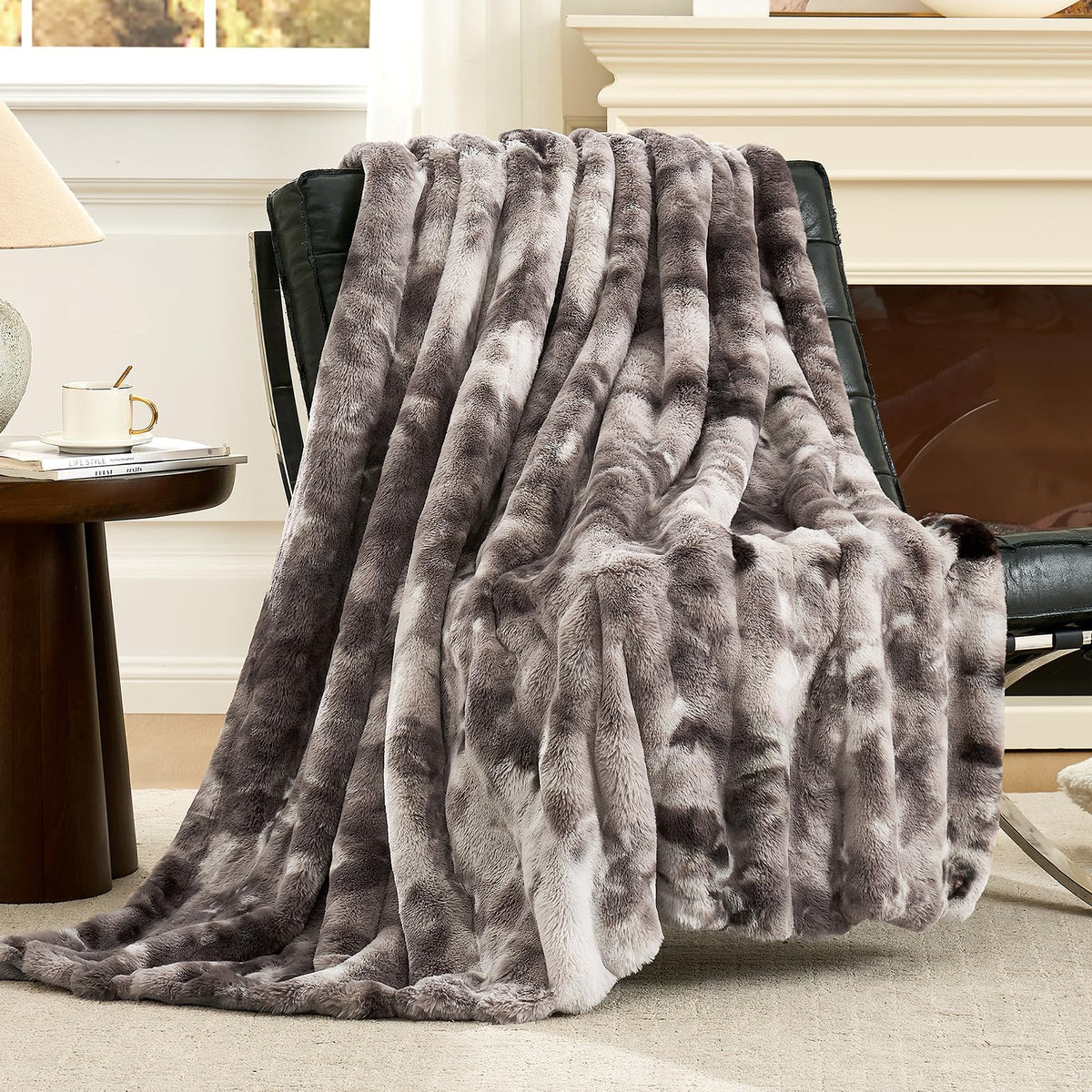 Cozy Bliss Deluxe Sheared Rabbit Faux Fur Throw Blanket, Soft Fuzzy High-Low Sculpted Plush Blanket for Couch, Cozy Home Accent, All Season Use, Beige 50"x60"