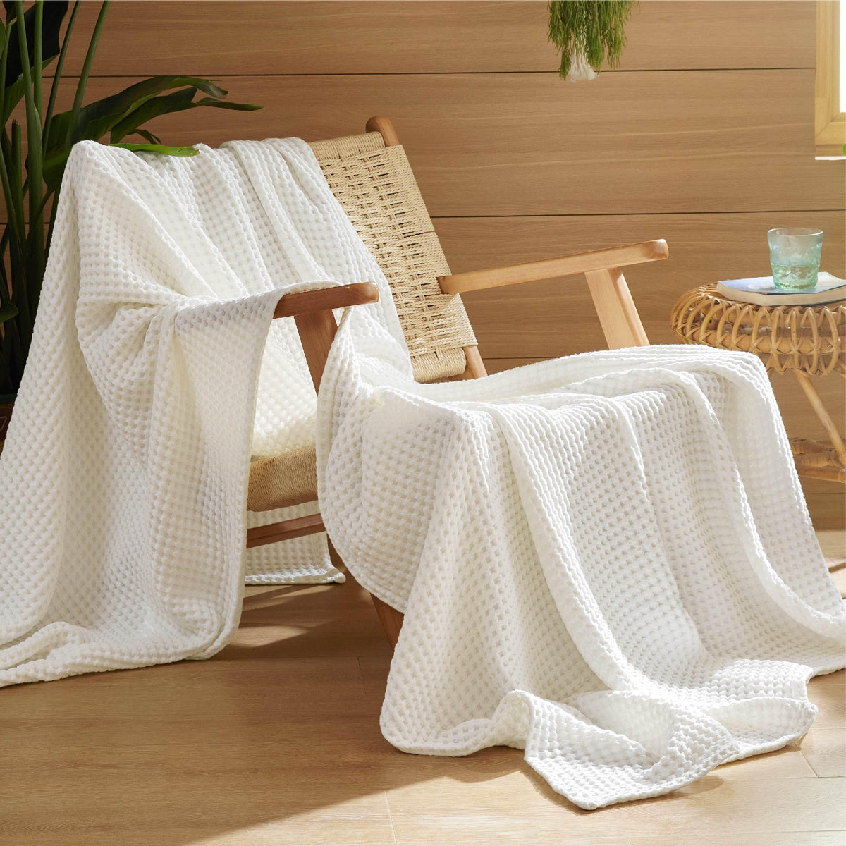 Bedsure Lightweight 100% Cotton Waffle Blanket, Throw XL, Linen