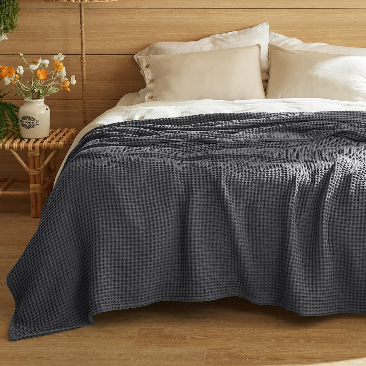 Bedsure Lightweight 100% Cotton Waffle Blanket, Throw XL, Linen