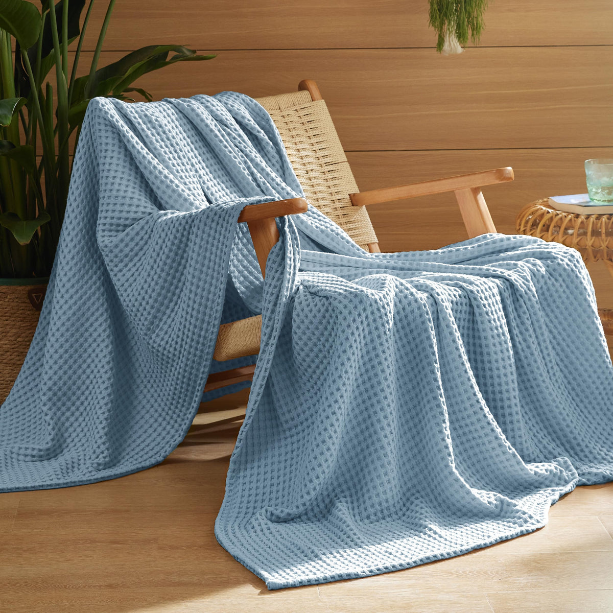 Bedsure Lightweight 100% Cotton Waffle Blanket, Throw XL, Linen