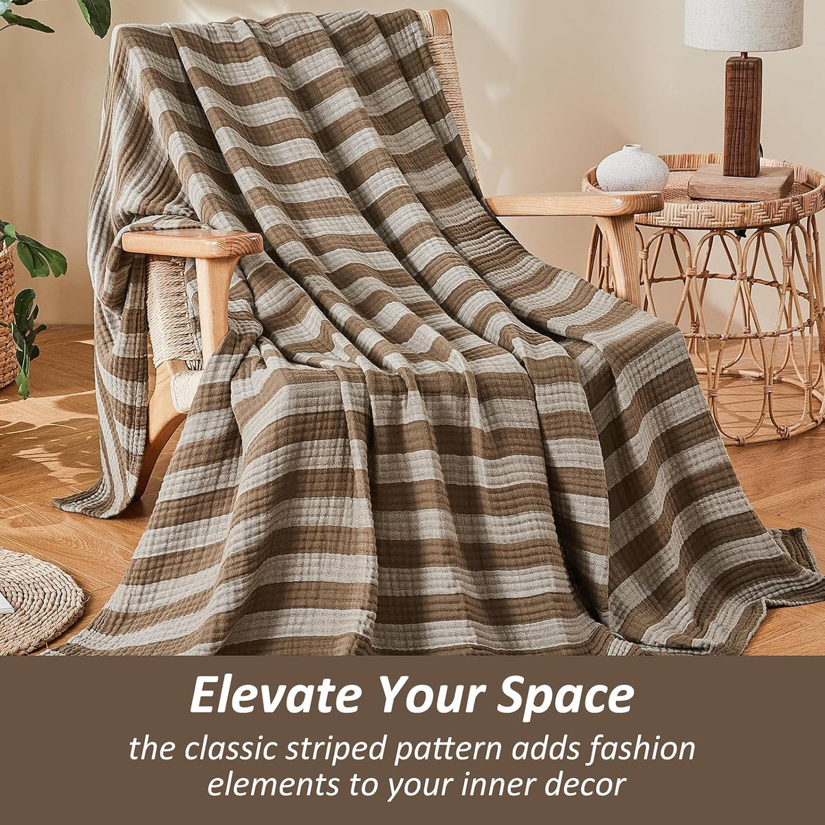EMME Muslin Cotton Blanket Striped for Adults Couch Brown Throw XL 50"x 70"