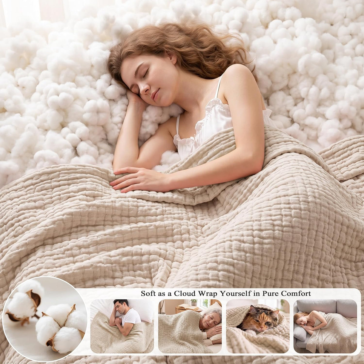 Exclusivo Mezcla 100% Cotton 6-Layer Muslin Throw Blanket, Khaki