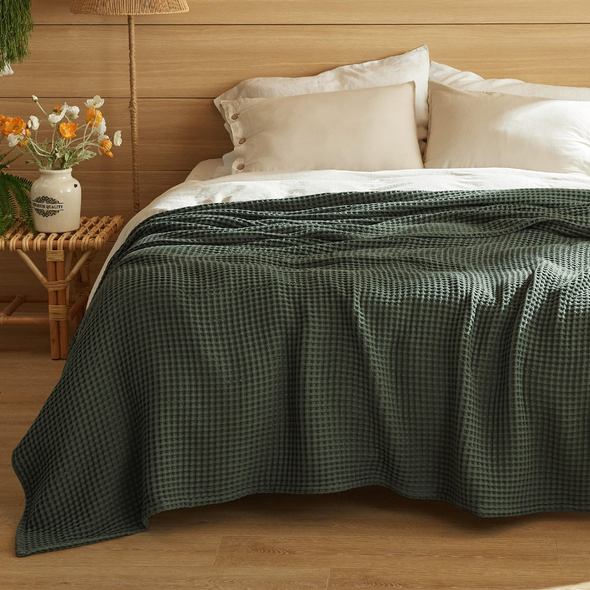 Bedsure Lightweight 100% Cotton Waffle Blanket, Throw XL, Linen