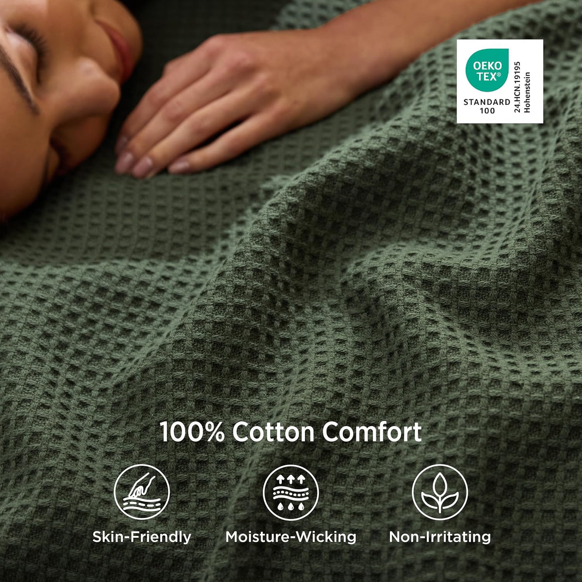 Bedsure GentleSoft 100% Cotton Blanket Queen Size for Summer - Breathable Lightweight and Soft, Basket Waffle Weave Woven Aesthetic Blankets for Women Gift, Home Decor, Olive Green, 90x90 inches