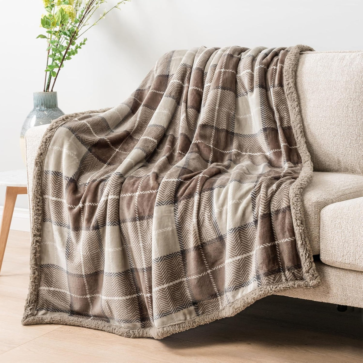 PAVILIA Twin Plaid Sherpa Throw Blanket for Couch Sofa Bed, Taupe, 60x80
