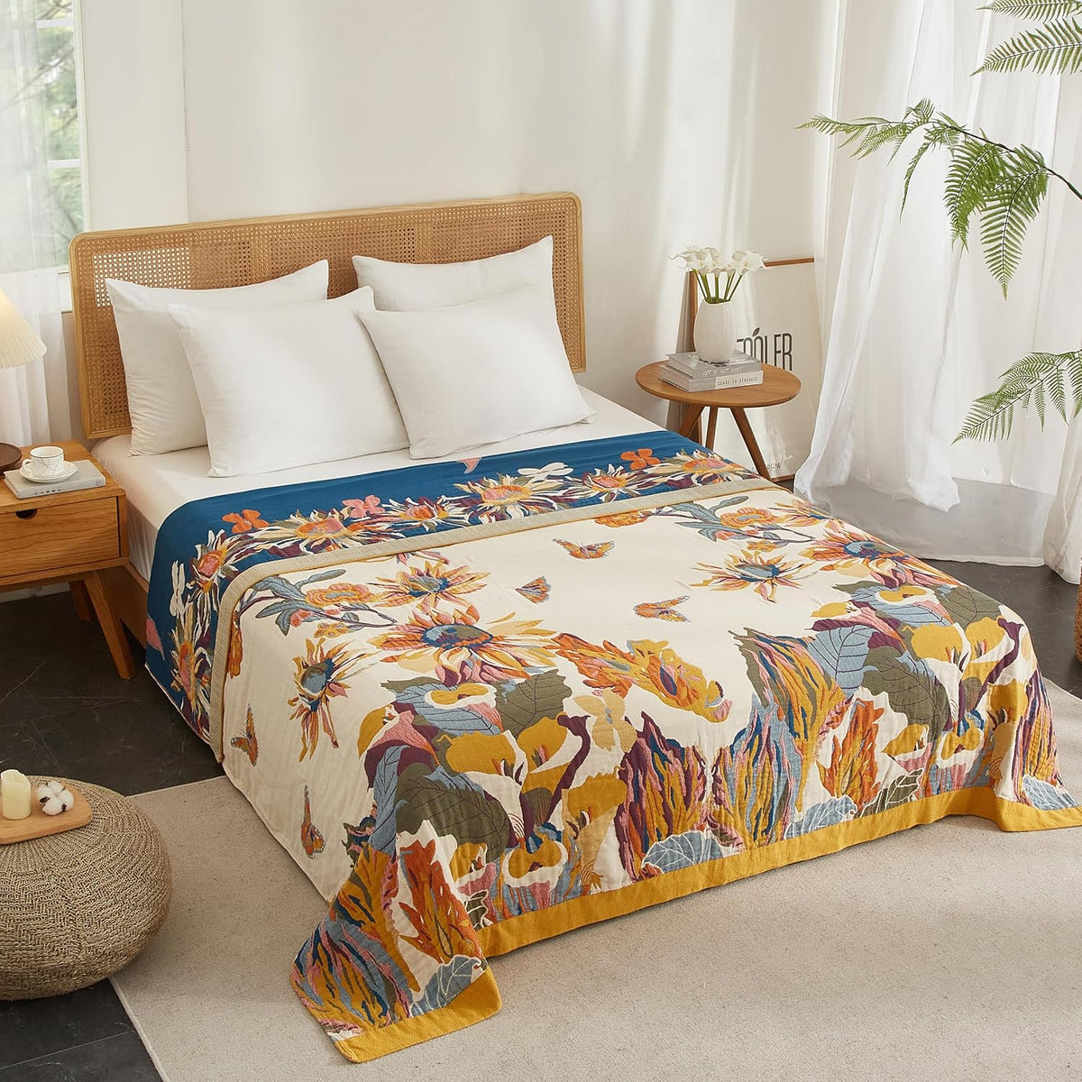 Boho Throw Blanket for Bed 50”x60”, 100% Cotton Blanket for Couch Sofa