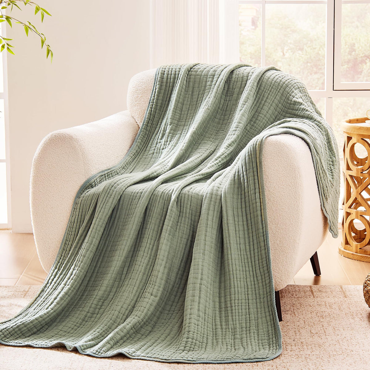VANJOROY Muslin Throw Blanket for Adults, 100% Cotton 9-Layer 50x70, Beige